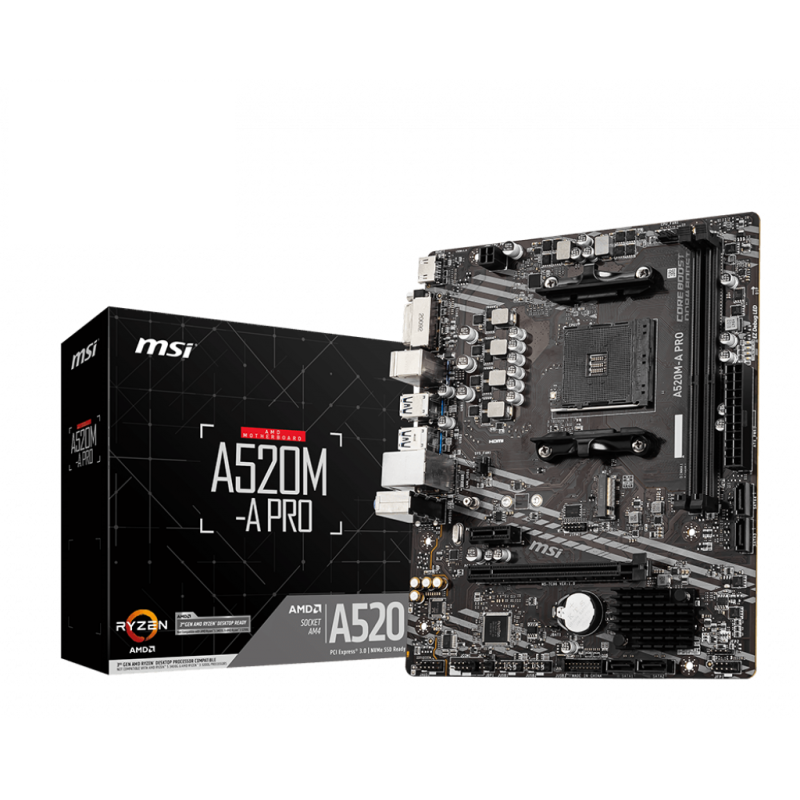 MSI MB AMD A520, A520M-A PRO AM4 2DDR4 11PCI-Ex16, 1M2, 4SATA3, 6USB3 MSI MB AMD A520, A520M-A PRO AM4 2DDR4 11PCI-Ex16, 1M2, 4SATA3, 6USB3