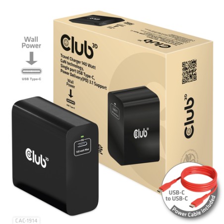 CLUB3D TRAVEL CHARGER 140 WATT GaN TECHNOLOGY SINGLE PORT USB TYPE-C POWER DELIVERY(PD) 3.1 SUPPORT