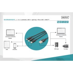 DIGITUS CAVO DI RICARICA 3 IN 1, USB A, LIGHNING + MICRO USB + USB-C