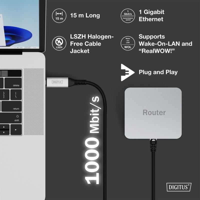 DIGITUS USB-C 3.2 GEN1 - CAVO ETHERNET RJ45, 1GBIT/S, 15 MT. COLORE NERO