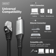 DIGITUS USB-C 3.2 GEN1 - CAVO ETHERNET RJ45, 1GBIT/S, 15 MT. COLORE NERO