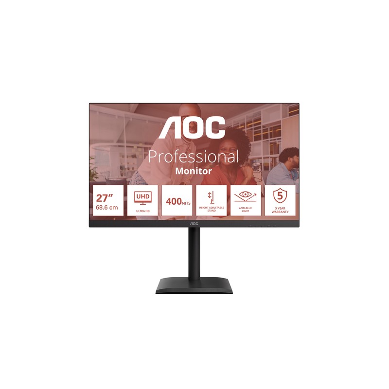AOC MONITOR 27 LED IPS 4K UHD 16:9 4MS 75hz 400 CDM, PIVOT, DP/HDMI, USB-C, MULTIMEDIALE