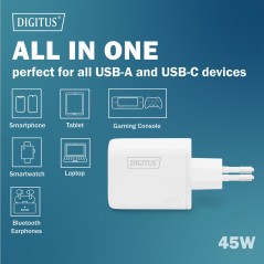 CARICATORE USB GAN 45W, 1X USB-C, 1X USB-A