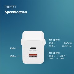 CARICATORE USB GAN 45W, 1X USB-C, 1X USB-A