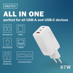 CARICATORE USB GAN 67W, 2X USB-C, 1X USB-A